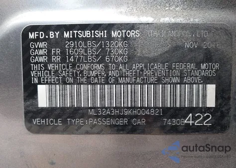 2019 Mitsubishi Mirage Es from USA, damaged, VIN ML32A3HJ9KH004821